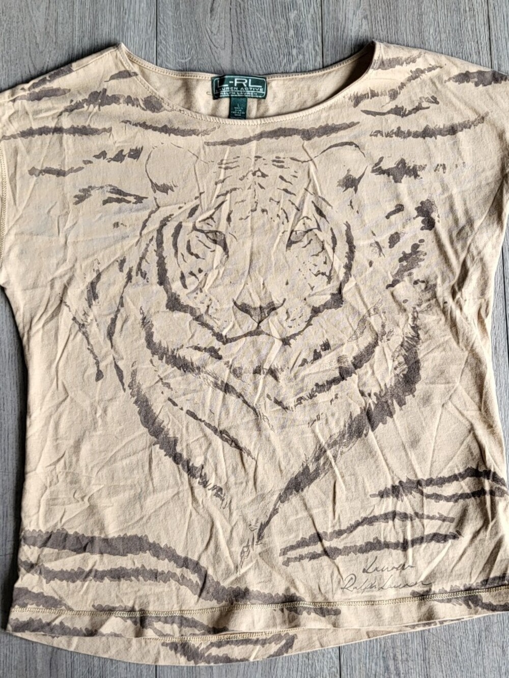 Vintage Lauren Ralph Lauren Tiger Graphic Top Sleeveless Tank Beige Tan Y2K L